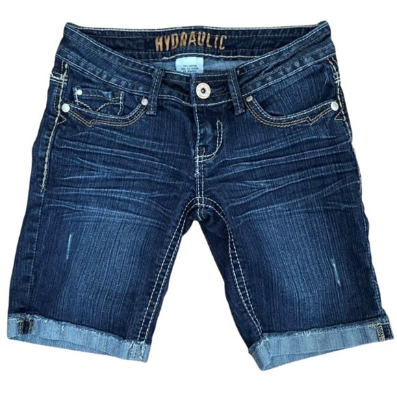 Hydraulic Fringe Cuff Distressed Stretch Ornate Stitch Jean Shorts - Picture 1 of 10